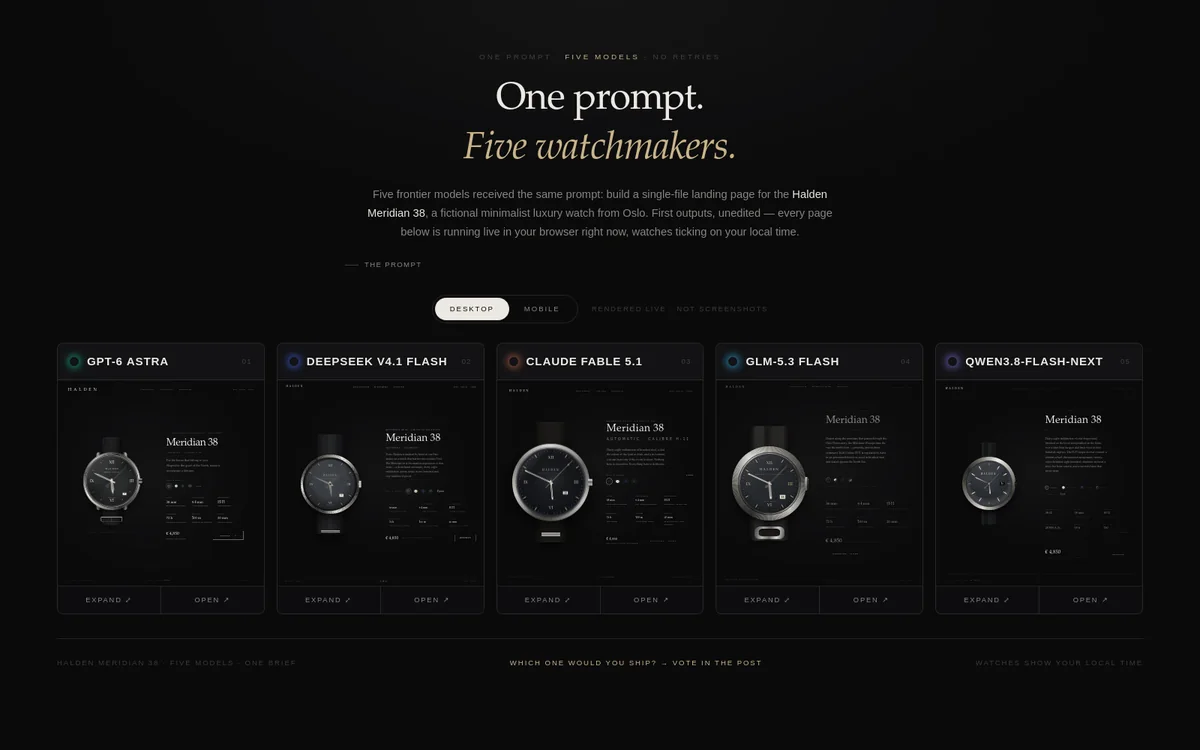 Five dark luxury-watch landing pages side by side, one per model, under the headline One prompt. Five watchmakers.