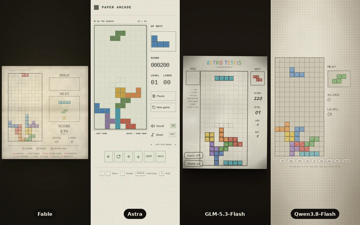 Four hand-drawn Tetris games side by side, by Fable, Astra, GLM-5.3-Flash and Qwen3.8-Flash