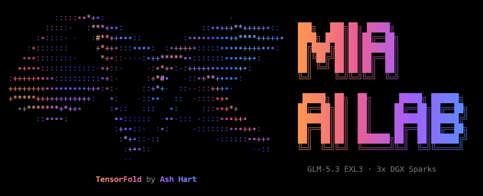 start.sh banner: TensorFold ribbon and MIA AI LAB, GLM-5.3 EXL3 · 3x DGX Sparks