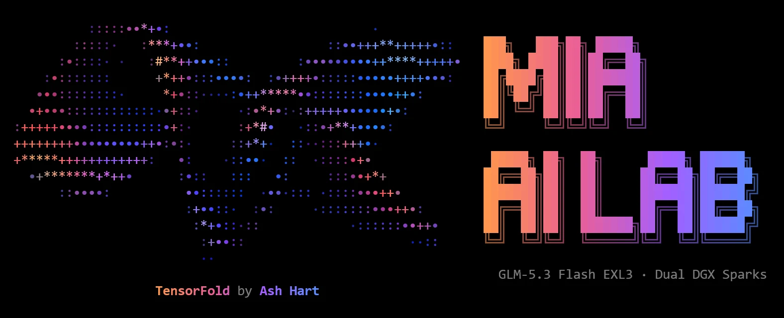 start.sh banner: TensorFold ribbon and MIA AI LAB, GLM-5.3 Flash EXL3 · Dual DGX Sparks