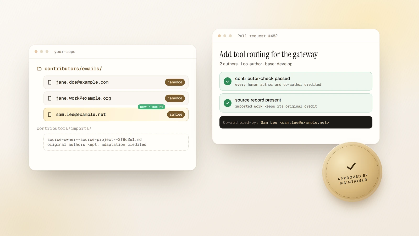 A contributors/emails folder mapping commit emails to GitHub usernames, with a new entry added in the same pull request, a PR whose contributor check passed with a co-author credited, and a gold 'approved by maintainer' seal